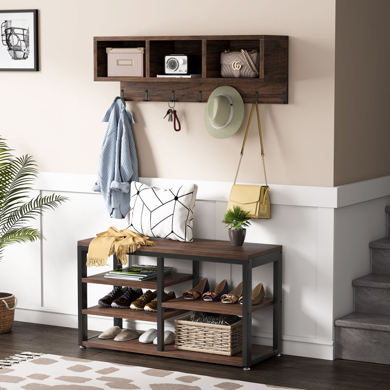 Edalyn 31.5"  Wide Hall Tree with Bench and Shoe Storage, Rustic Brown
