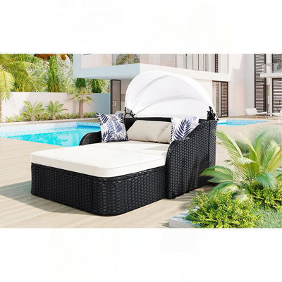79.9" Outdoor Sunbed With Adjustable Canopy, Double Lounge, PE Rattan Daybed, Black Wicker And Beige Cushion