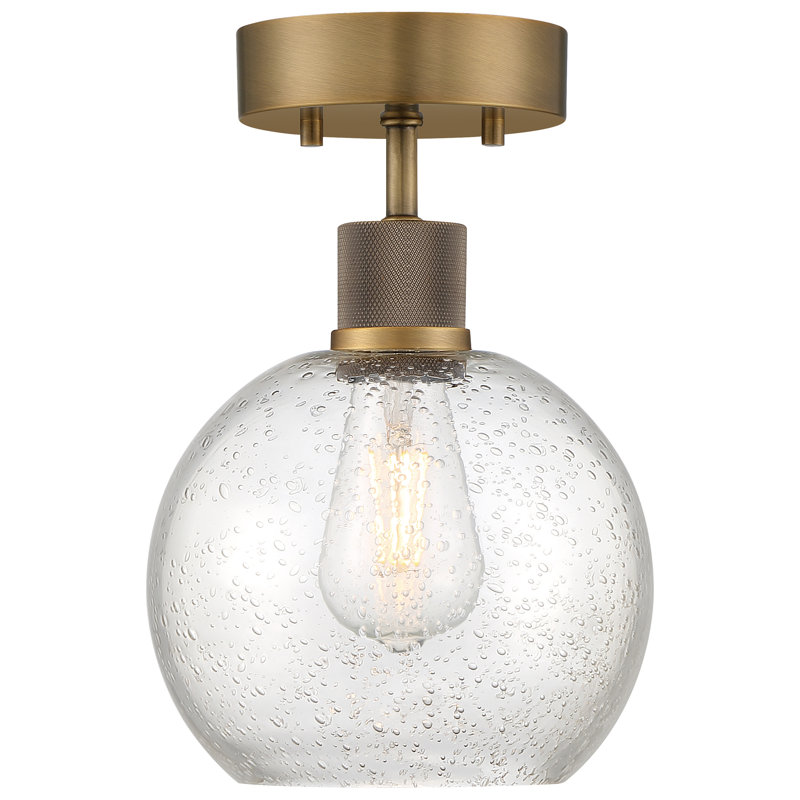 Southglenn Burgundy LED Semi-Flush - Brushed Steel - Seeded Glass, Antique Brushed Brass