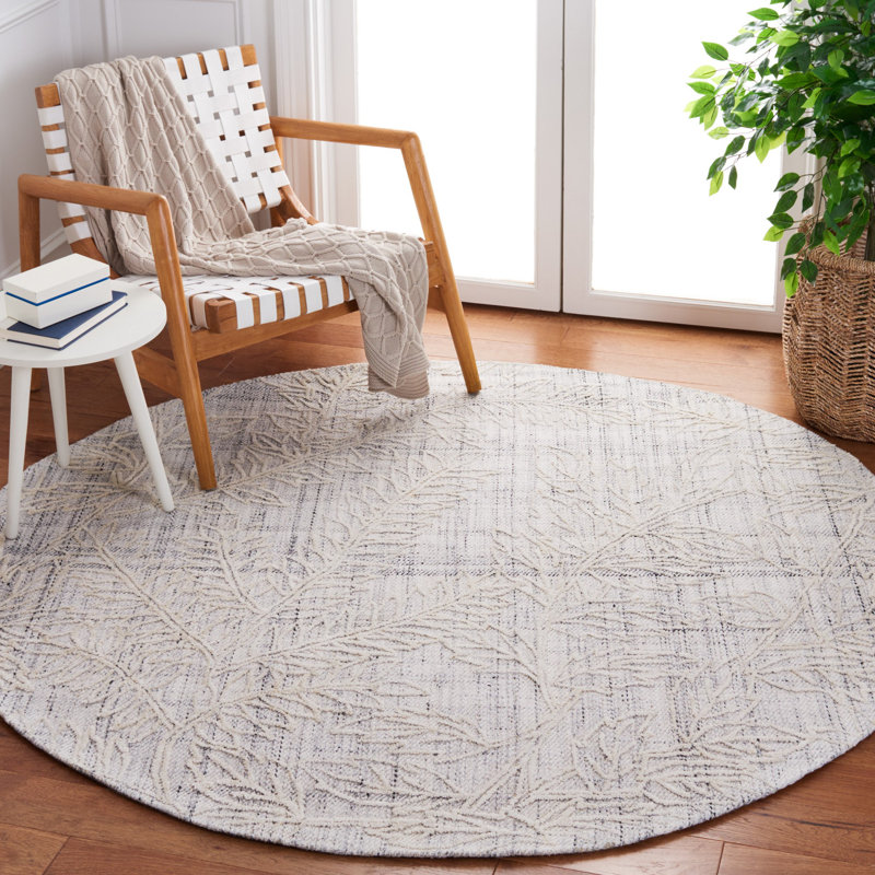 Floral Handmade Tufted Area Rug in Grey / Ivory, Round 6'