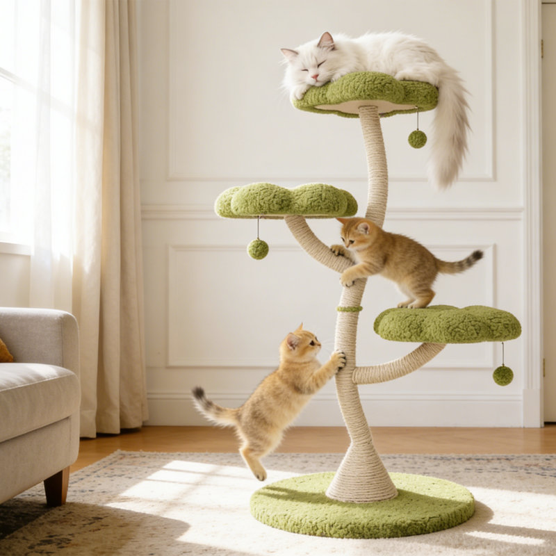 48.4" H Tall Cat Tree Flower Shape Scratching Post Cat Tower, Green
