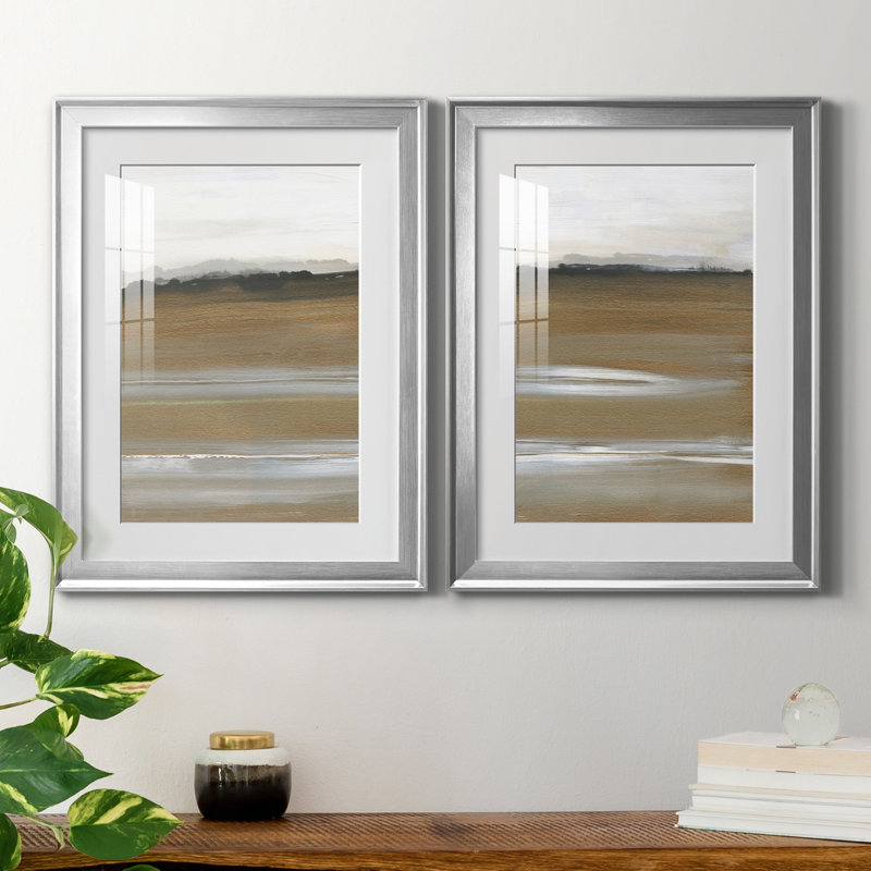 «Field of Gold I», ensemble de 2 reproductions d'art, H 18,5 po x l 49 po x P 1,5 po, Papier avec cadre argenté, Blanc