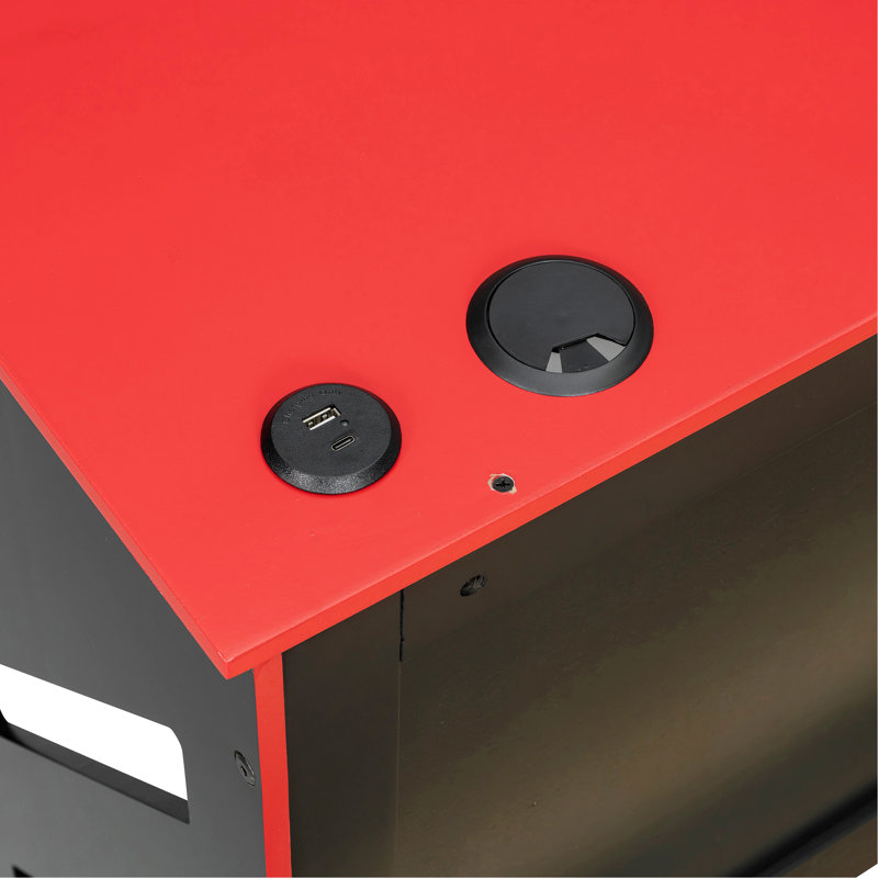 Lit en bois avec lit gigogne, bureau et port USB, Rouge