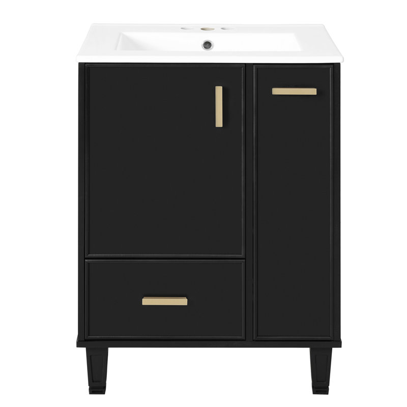 Meuble-lavabo moderne 24 po en bois massif avec lavabo en céramique, tablette de porte et panier coulissant à 2 niveaux (noir / blanc / gris-bleu)