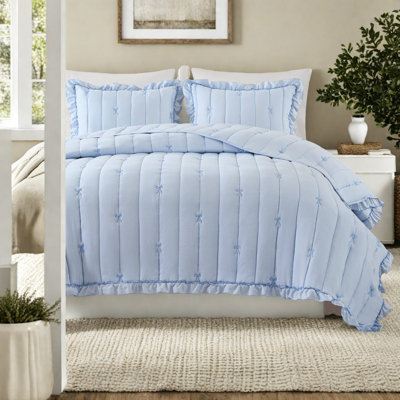 Reversible Bedding Sets Blue Microfiber Bow Embroidery For Home Bedroom