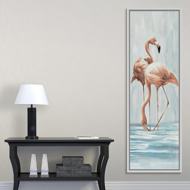 « flamant rose vii », peinture sur toile, H 61,7 po x l 21,7 po x p 1,75 po, Cadre flottant blanc