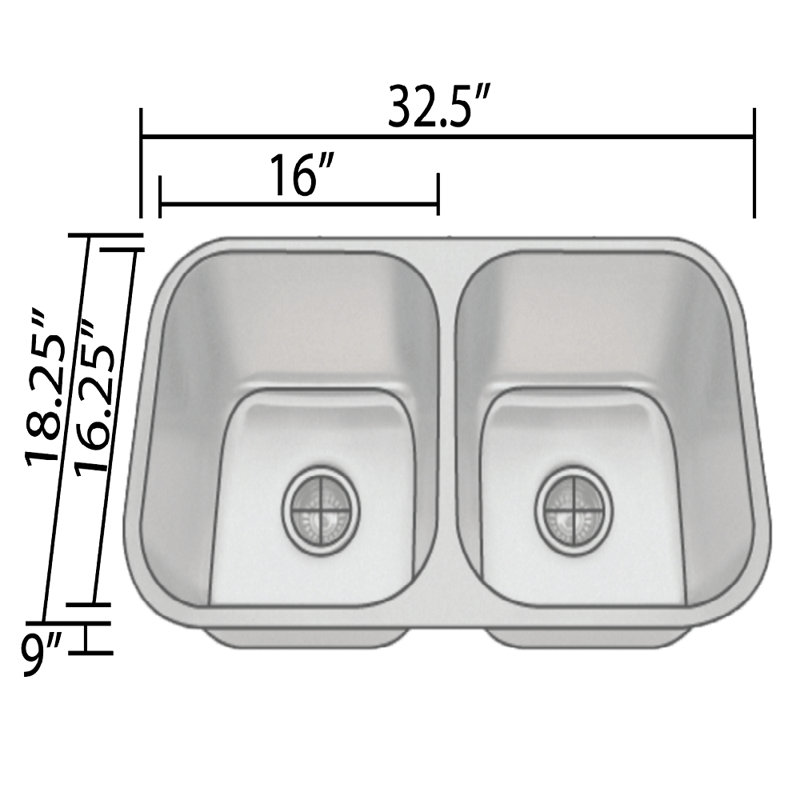 33" L x 18" W 50/50 Double Basin Undermount Kitchen Sink With Basket Strainer
