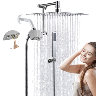 Pomme de douche à pluie en métal 10 pouces avec combiné manuel, douchette à double jet à haute pression, interrupteurs à bouton-poussoir, bras d'extension réglable, nickel brossé