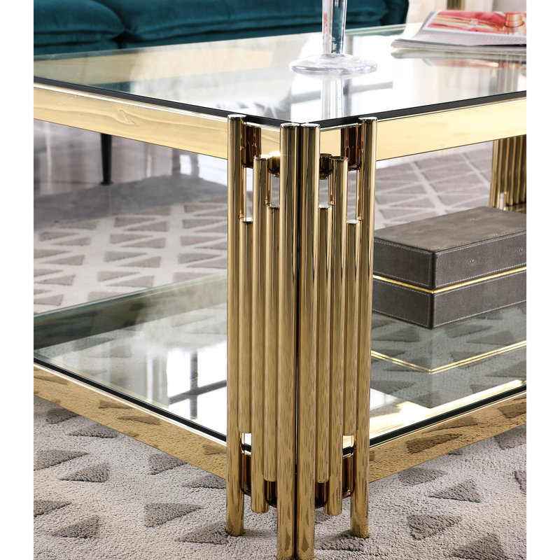 Table basse dorée en acier inoxydable et verre, rectangulaire rectangulaire de 48 po de hauteur, pour le salon, Transparent