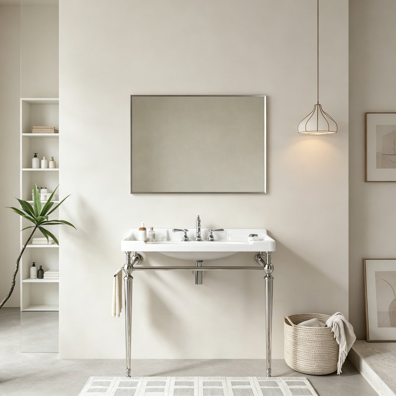 Console de salle de bain avec pieds en acier inoxydable et barre à serviettes, Chrome,White