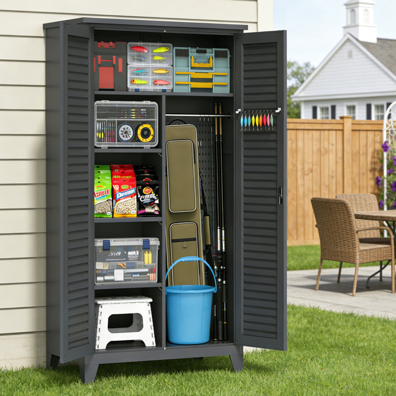 Slate - Colored 71.48 In Tool Cabinet, For Garage, Workshop, Home Basement, Ample Storage With Shelves And Hanging Rods, Wall Mountable 73'' Tall Steel Color, Suitable Warehouse, Garden, Office,