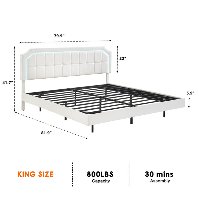 Upholstered Platform Bed Frame With Led Lights And Headboard Led Visual Floating Bed, King