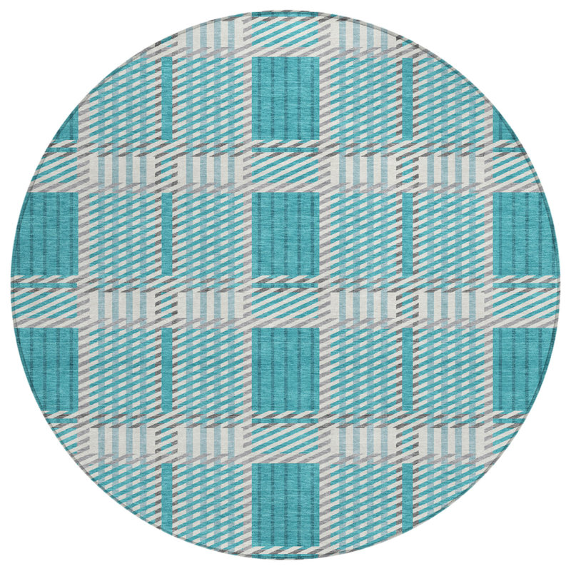 8' Teal Blue Round Plaid Washable Indoor Outdoor Area Rug