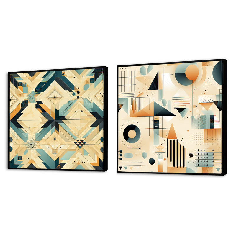 Corbell - Ensemble de 2 collages carrés à formes abstraites, H 16 po x l 33 po, Cadre flottant doré