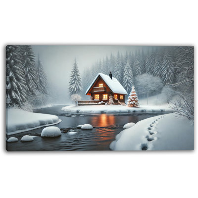 Impression sur toile, "Tranquil Winter Cabin by the River"