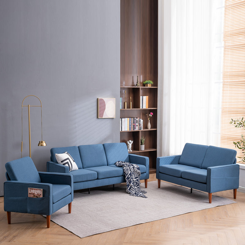 Ensemble de salon 3 pièces Durmo, 100 % lin bleu