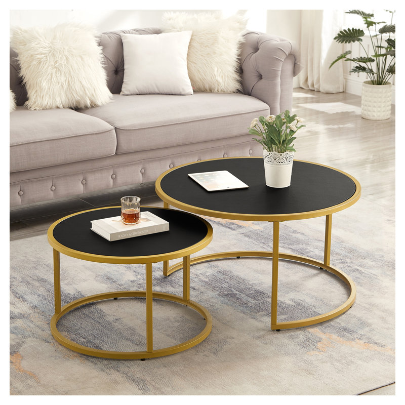 Tables basses gigognes modernes avec plateau en similicuir et base en métal doré, ensemble de 2