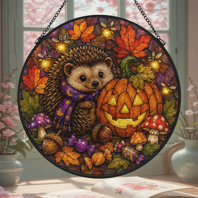 Hérisson avec panneaux vitrail Pumpki, 9,8 x 9,8 po (25 x 25 cm)
