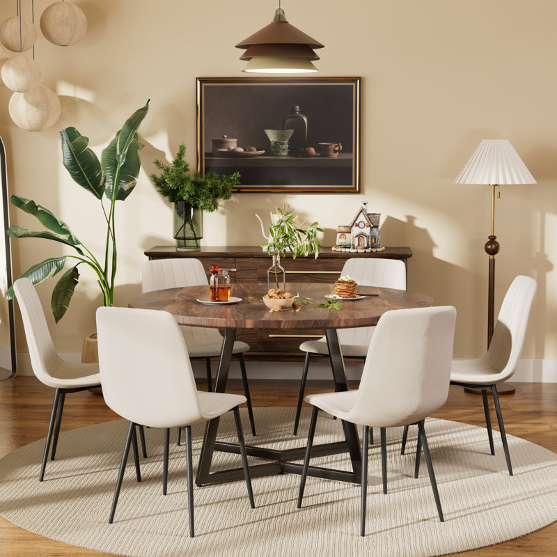 Ensemble de table de salle à manger ronde avec chaises en tissu d'ameublement en velours, 7, Noyer, Beige