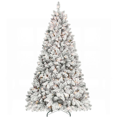 4FT Flocked Christmas Tree with 150 UL Lights and 21 Natural Pine Cones, Snowy PVC Tips, Hinged Structure, Stable Metal Stand, Easy Setup