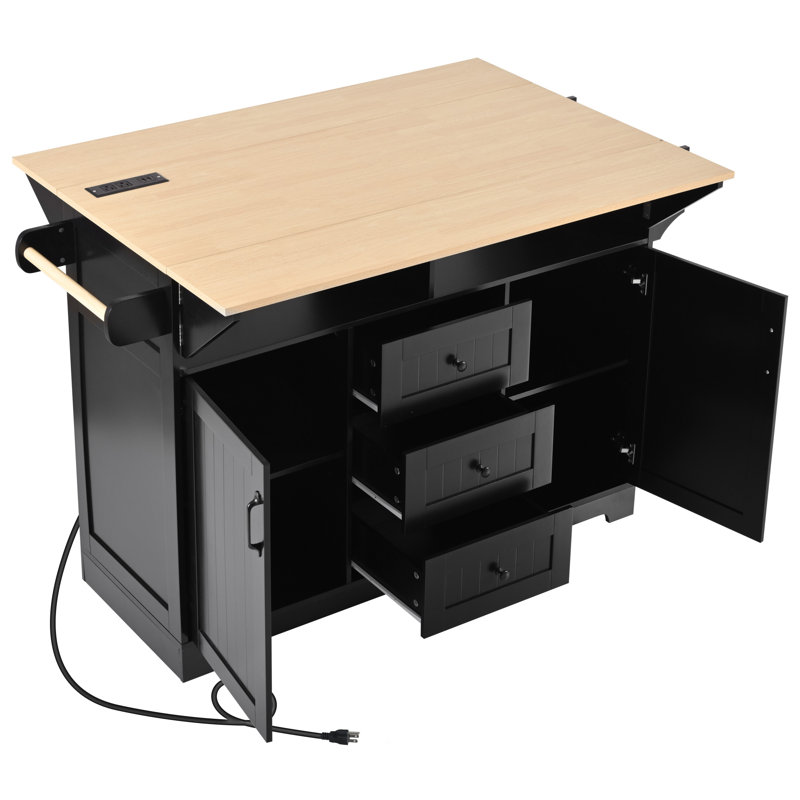 Grand îlot de cuisine 55,7 po avec 2 abattants, chariot de cuisine roulant sur 5 roulettes avec prise de courant, table de salle à manger pliante avec porte-épices et porte-serviettes, 3 tiroirs, pour la cuisine, la salle à manger, noir