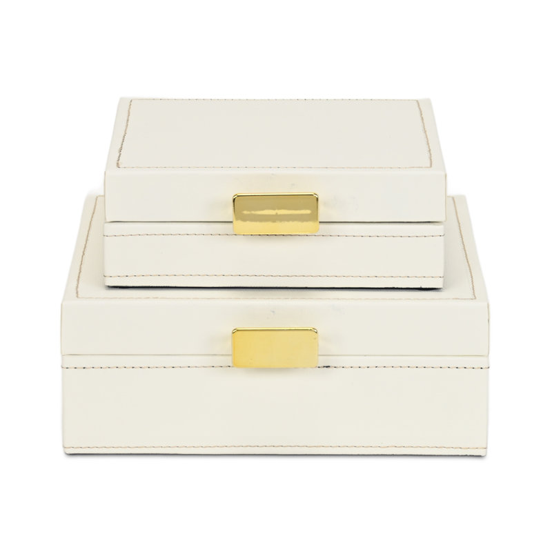 Ensemble de 2 boîtes avec accents cousus et poignées dorées Lithos, Blanc