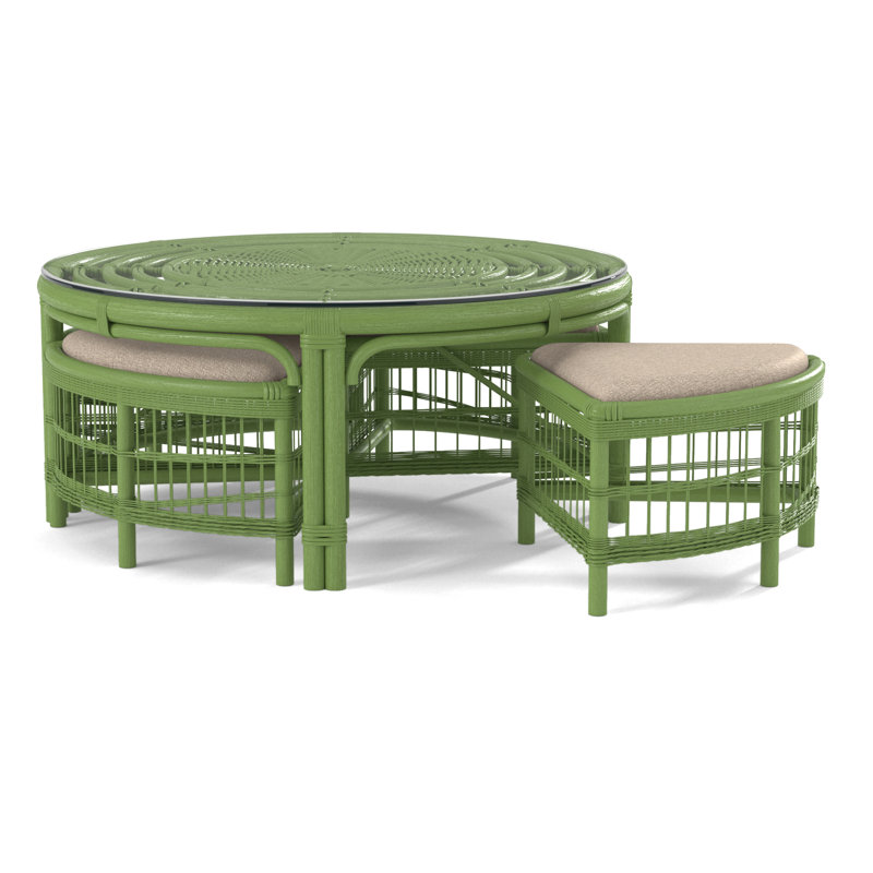 Raffles Rattan Cocktail Table with Benches, Antique Frost White, Eggshell Crypton Performance; 0884-93