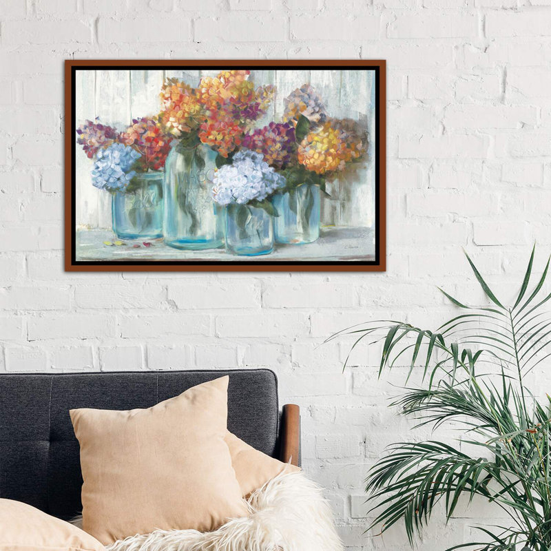 «Hortensias d'automne dans un bocal en verre» par Carol Rowan, H 26 po x l 40 po x P 1,5 po