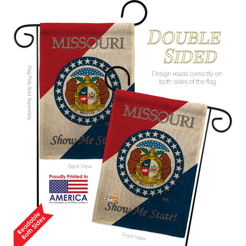 Drapeau de jardin à 2 côtés 5 pi 5 po x 1 pi. en toile jute vertical à l’état du missouri americana statements