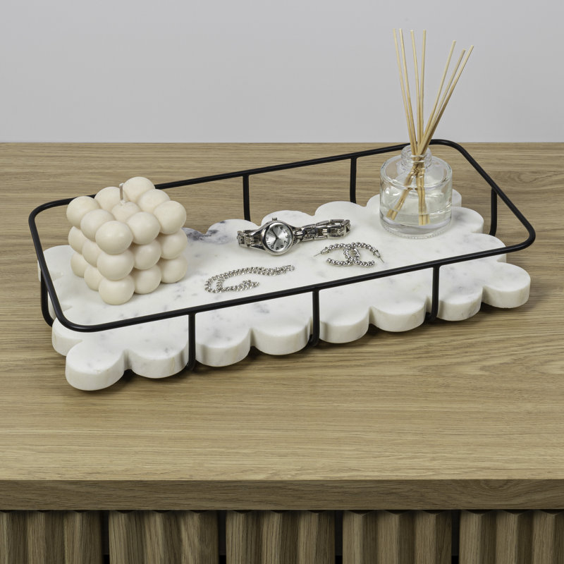 Monarch 12" x 6" Modern Industrial Metal/Marble Scalloped Base Vanity Tray, White Marble/Black