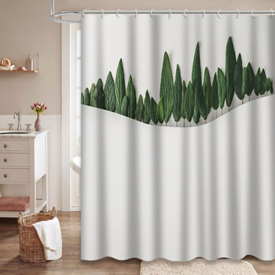 Winter Forest Green Leaves Minimal Nature Shower Curtain with 12 Hooks