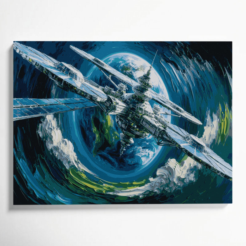 Art mural sur toile bleu, "Sci Fi Space station orbiting Earth", H 12 po x l 18 po
