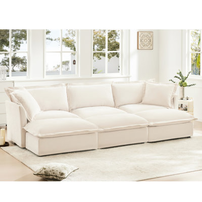 3 With 3 Ottomans, Cream Chenille Fabric, Elegant Living Room Home Theater Setup Comfy Textile, Addition