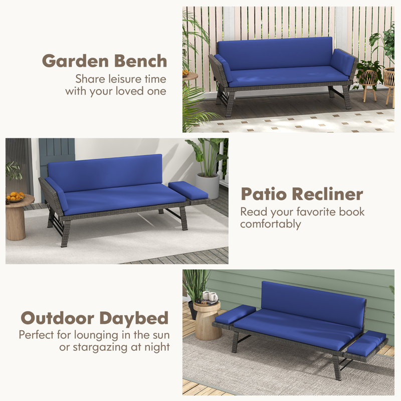 72 In. L Patio Convertible Sofa Daybed With Adjustable Armrests, Navy