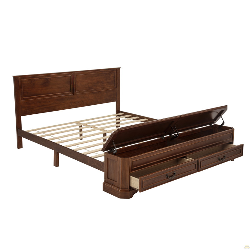 Grand lit de style campagnard avec tête de lit et banc de rangement avec 2 grands tiroirs, lit en bois de pin avec cadre de lit renforcé