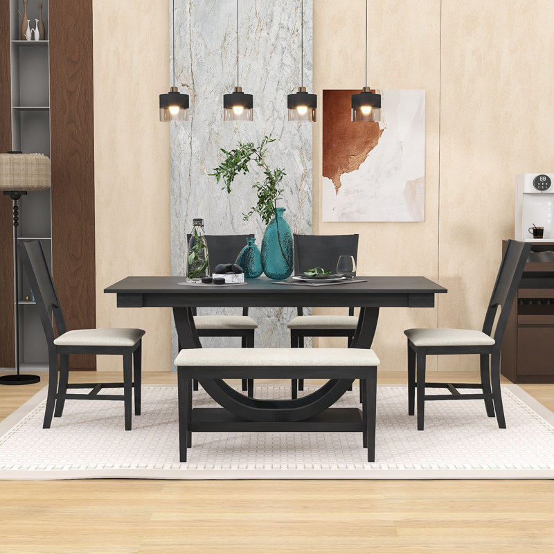 Raheema Modern 6-Piece Dining Set with Rubberwood Table, Upholstered Chairs and Bench, Gray, Gray/Beige, Gray