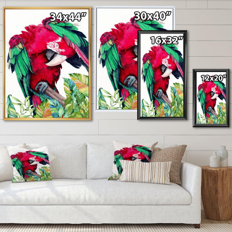 Perroquet rouge et vert - reproduction sur toile, H 32 po x l 24 po, Cadre flottant noir
