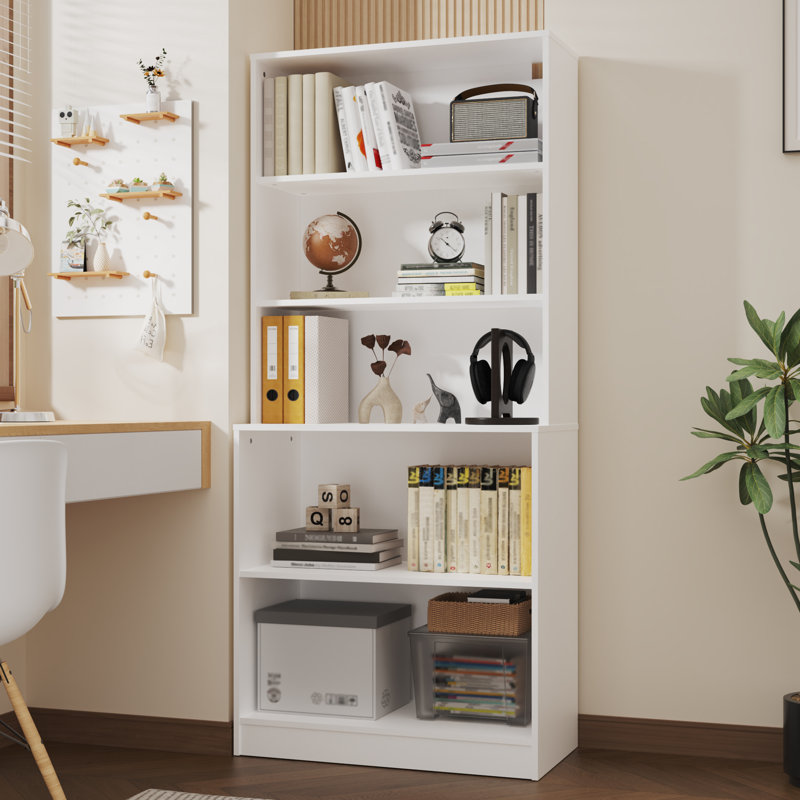 White 71" Tall 5-Tier Wood Bookshelf with Doors
