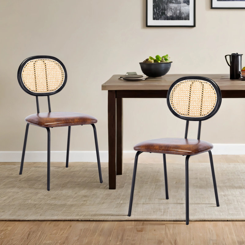 Chaises de salle à manger à dossier en rotin de 16 po de style Mid-Century, Noir mat, Noir