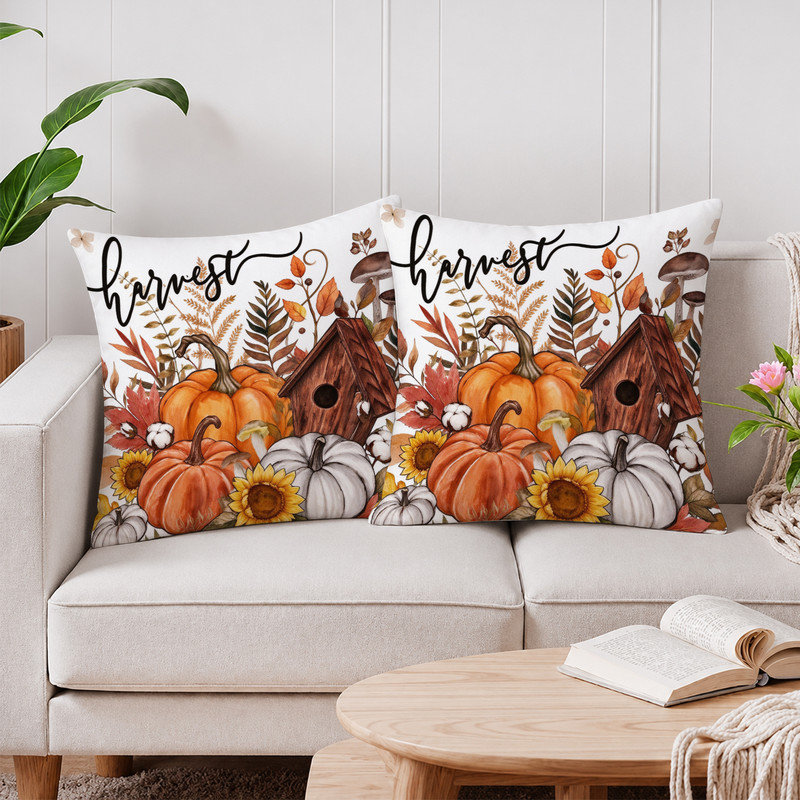 Housses de coussin décoratives en microfibre douce JYK, imprimées recto verso, avec fermeture éclair invisible, idéales pour la décoration intérieure et les cadeaux. 45 x 45 cm, motif citrouille et champignons bruns.