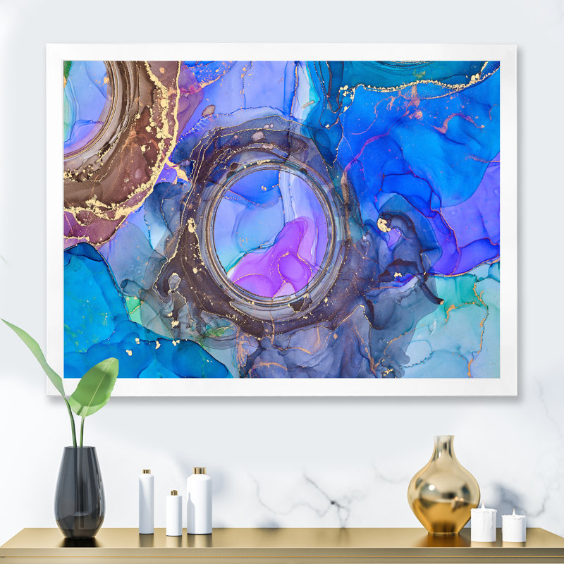 Bleu abstrait luxueux fluide - peinture sur toile, Cadre de coin blanc fermé, H 16 po x l 32 po