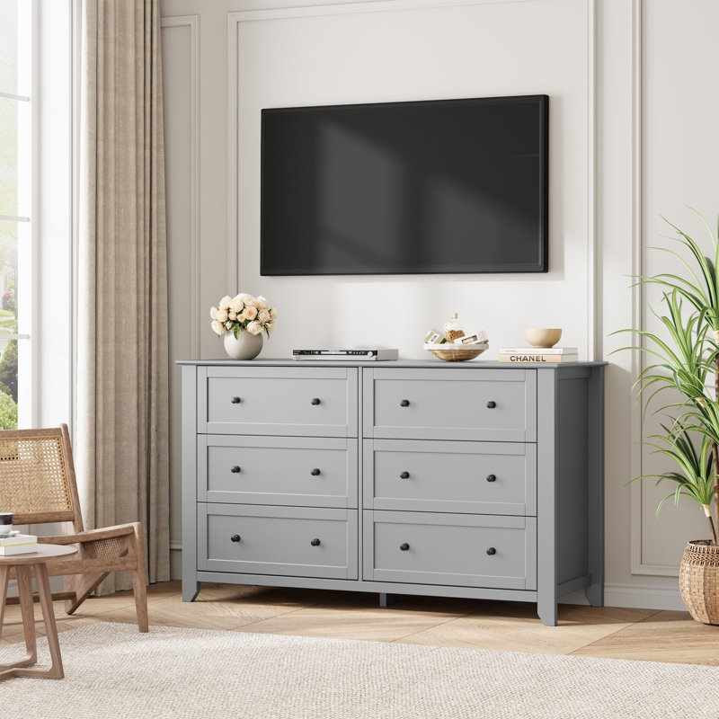 Commode de rangement multifonctionnelle en bois à 6 tiroirs avec poignées en métal 54 pouces pour chambre à coucher