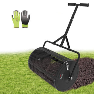24 Inch Compost Spreader, Lawn And Garden Peat Moss Roller With Side Latches, 24-31.1" Height Adjustable Handle, Metal Mesh Basket For Spreading Topsoil, Manure, Mulch, Black
