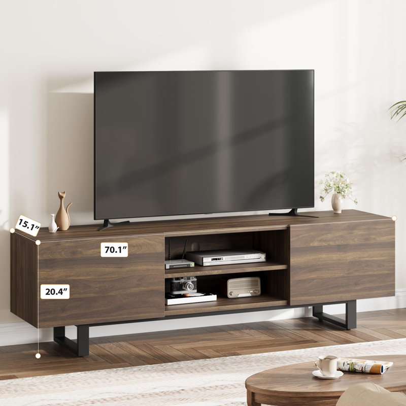 Meuble télé 60 pouces avec pieds en métal et 2 tiroirs avec meuble multimédia en bois brun