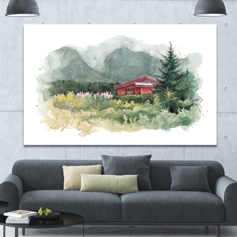 «Watercolor House in Mountains», reproduction d'art sur toile tendue, H 40 po x l 60 po x P 1,5 po