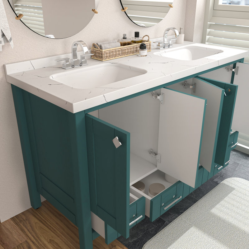 Meuble-lavabo double autoportant 59 po avec plateau en marbre d'ingénierie Analis, Turquoise
