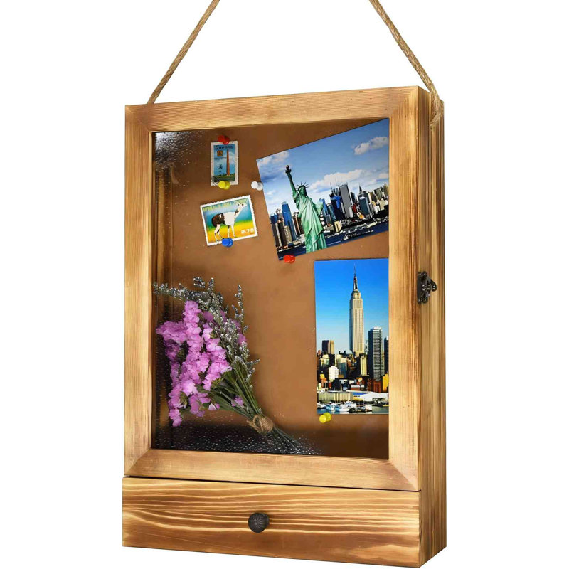 Shadow Box Frame , Drawer With Cork Back, Rustic Brown Wood With Polished Glass For Wall And Tabletop, Sturdy Memory Display Case