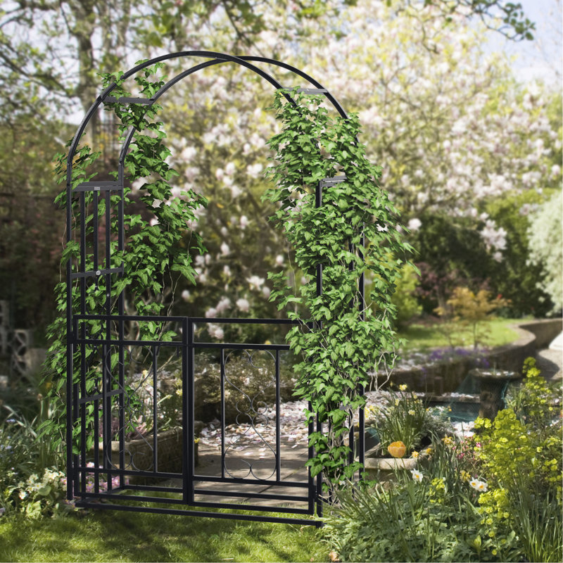 Portail en métal de 206 cm avec système de verrouillage, motifs cœurs pour fêtes et mariages, gris jardin