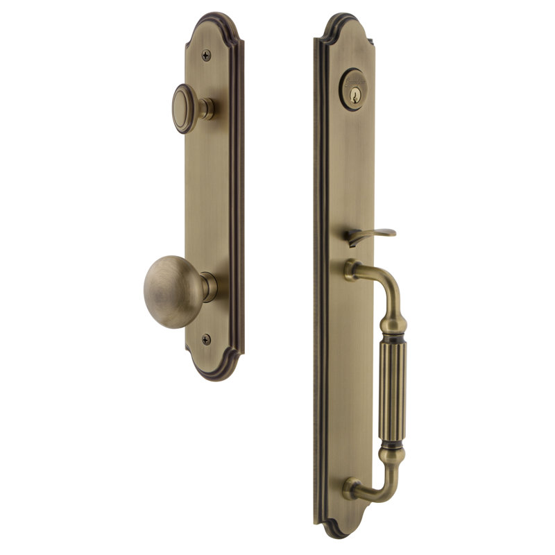 Complete Inactive Arc Dummy Handleset with Fifth Avenue Knob and Rosette, Vintage Brass