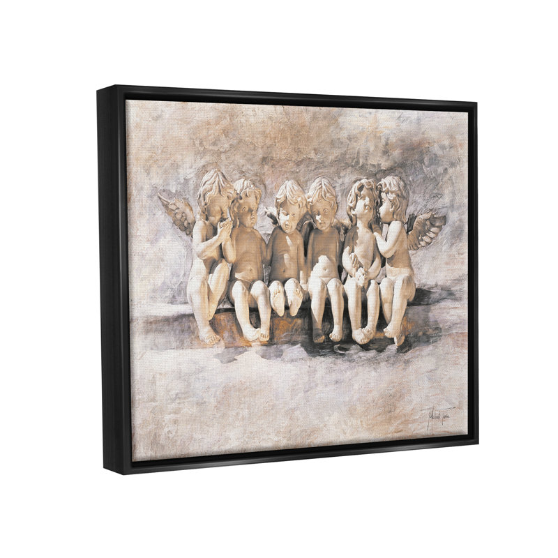 «Angels Chatting», peinture neutre sur toile par Young and Proven, Cadre flottant noir de jais, H 17 po x l 21 po x P 1,7 po